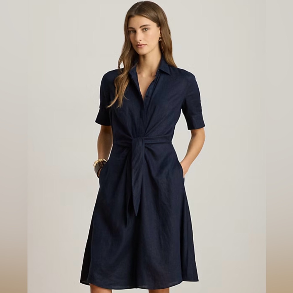 Lauren Ralph Lauren Navy Tie-Waist Shirt Dress 100% Linen